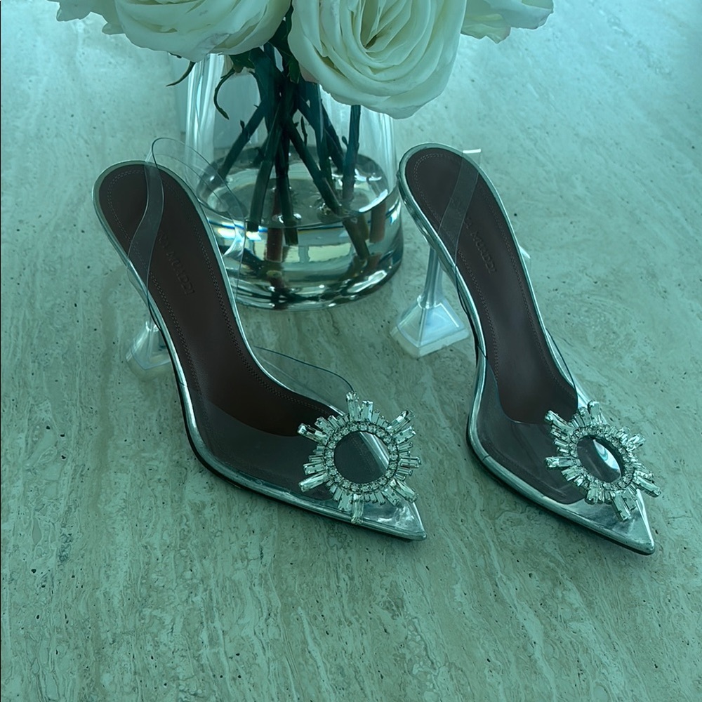 Amina Muaddi Silver Stiletto Heels with Crystal Embellishments